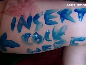 Collared hairy first-timer gets bod painted by gf